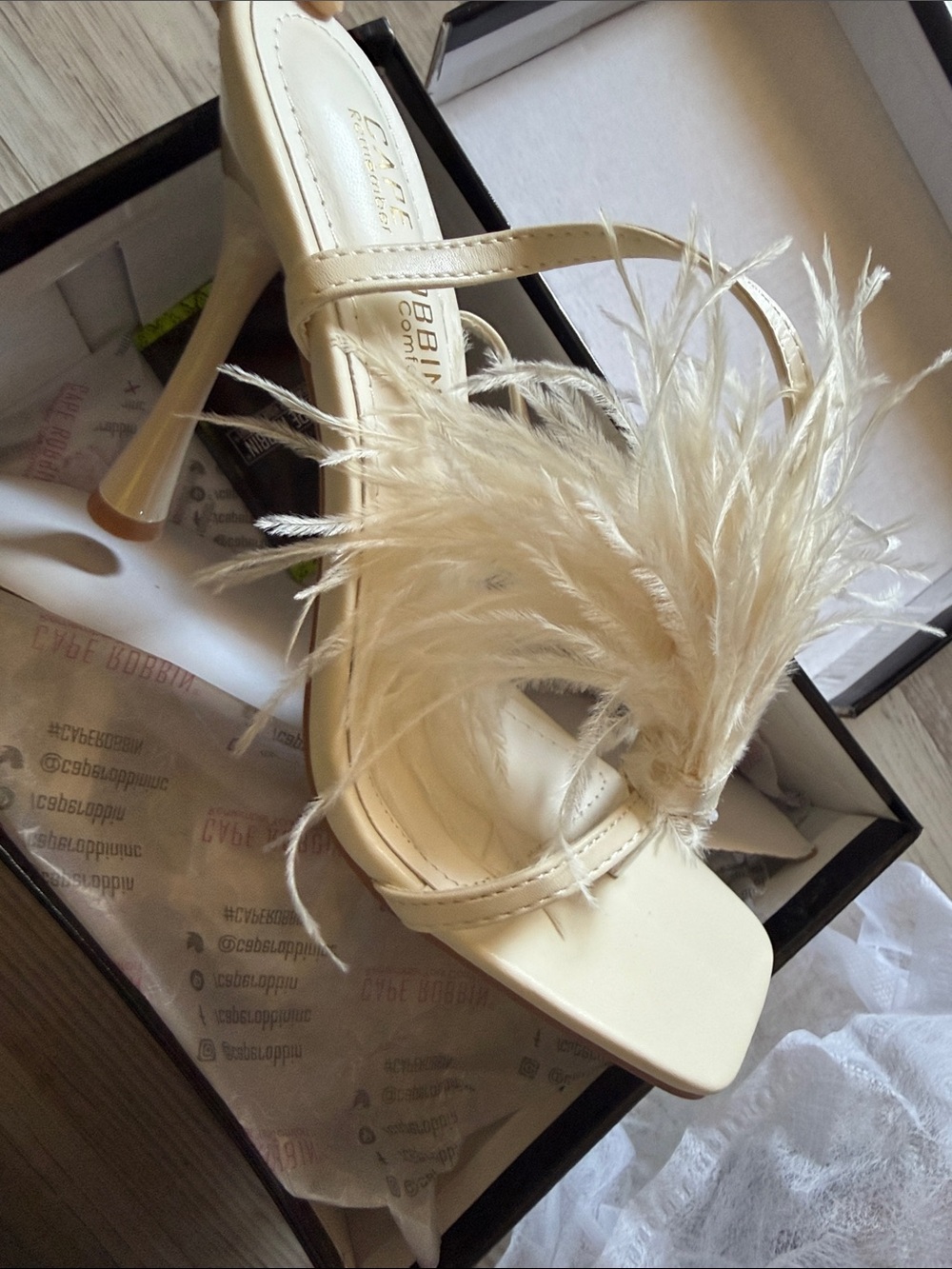 Cream Feather Strap High Heel Sandals